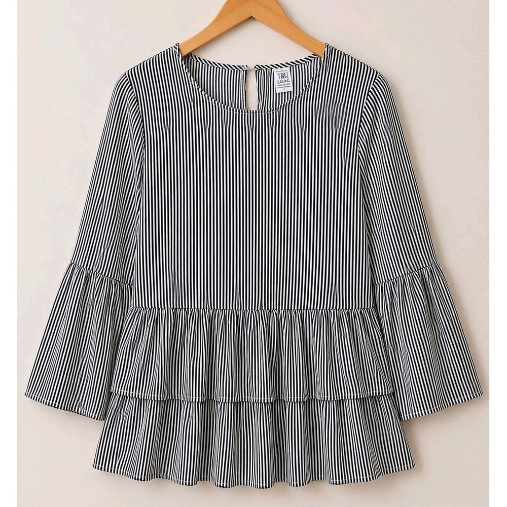 Striped Peplum Blouse Large Black White Bell Sleeve Boho Cottagecore Top L